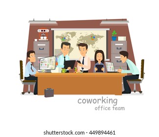 Concept of the coworking center. Various people talking and working at the computers in the open space office. Flat design style.