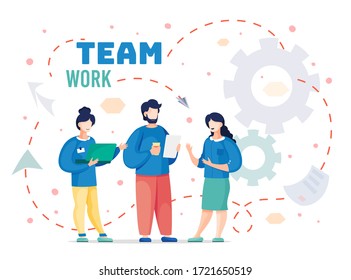 Concept of coworking communication. Females and male connected with arrows. Infographic teamwork and brainstorming, devices. Document management. Vector concept illustration for business communication