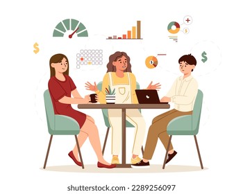 Concepto de coworking. Hombre y mujer sentados a la mesa y discuten el proyecto. Tormenta de ideas del equipo. Cooperación y cooperación. Junta de directores, analistas y consultores. Dibujo vectorial plano de dibujos animados