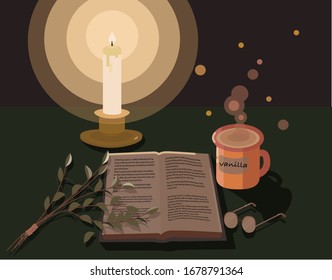 concept - cozy atmosphere reading a book in the evening with a burning candle, a hot vanilla drink stands nearby, glasses lie nearby.