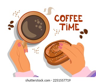 Concept of a Cozy Coffee Time. Scandinavian style. Top view. Vector Illustration