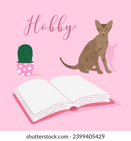 Concept of cozy and hobby with open book, home plant in pot and cat pet in flat style. Cozy comfortable lifestyle. Cartoon vector illustration isolated on pastel light pink background