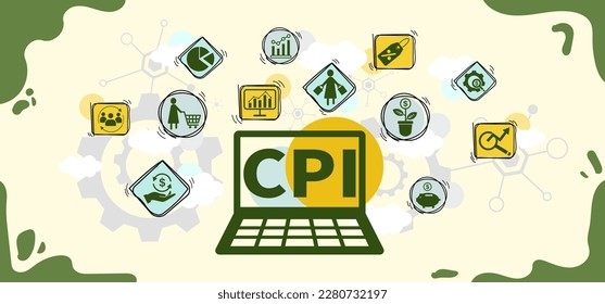 The concept of CPI, food, price, index. Goods price inflation and inflation rising. Impact on economic growth with relate icon. Flat template design, Vector illustration.