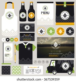 Concept for craft beer restaurant identity mock up template. Menu. Card. Website, Delivery. Uniform