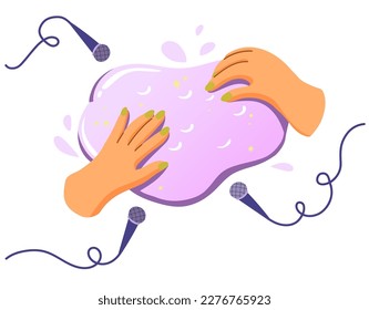 Concept of creating ASMR content. Hands crumple the viscous purple slime and blogger records pleasurable sound on microphones.