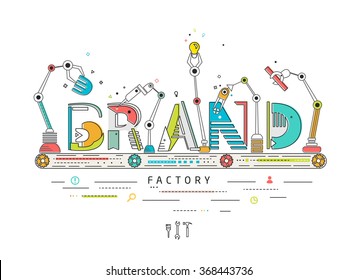 Concept Of Creating And Building Brand / Robotic Production Line / Manufacturing And Machine / Typography