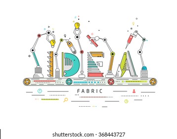 Concept of creating and building idea / Robotic production line / manufacturing and machine / typography