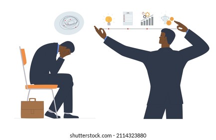The concept of creating a business idea. The man is in a panic. Businessman demonstrates the process. Idea, plan, work, success. Flat vector illustration.