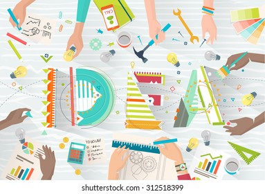 Concept of creating idea / work in multicultural team / coworking / typography