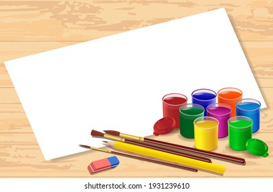 The concept of creating a painting in gouache. Close-up drawing lesson poster. Back to school. Template for inserting a painting with paints. Engaging in creativity. Add text. Vector