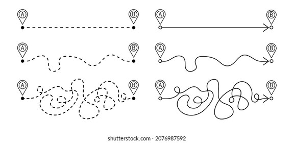 The concept of creating a route from point A to point B. Three options for the path. The easy way, the middle way, and the hard way. Straight line, confusing and dotted line.Vector illustration 