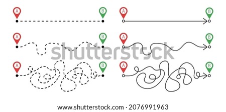 The concept of creating a route from point A to point B. Three options for the path. The easy way, the middle way, and the hard way. Straight line, confusing and dotted line.Vector illustration 