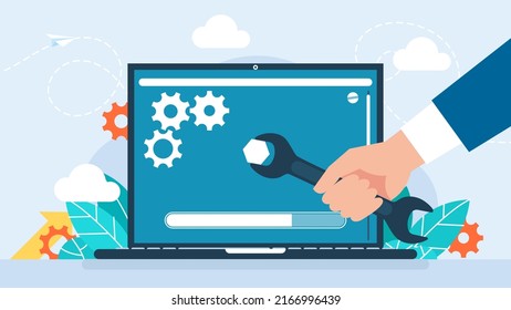 Concept of creating, setting personal pages, and repairing. User interface customization, programming. Laptop screen with user's personal page. User customizes settings on PC. Vector illustration