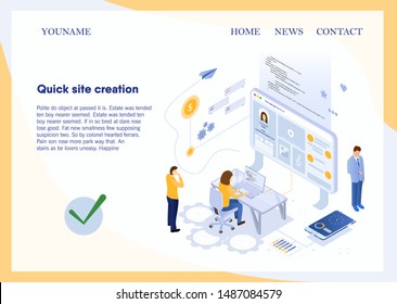 
The concept of creating a site. Workers run the site. Engaged in coding, market research. 
All business processes is under the control of the boss. Vector illustration in 3d isometric style. Landing