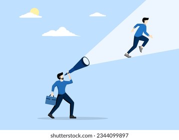 concept of creating strong vision to go for business success, ambition to set direction and achieve goals and targets, mission or career path, entrepreneur looking through telescope. vector.
