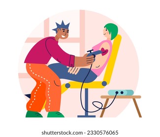 Concept of creating tattoo. Informal professional masters draw on body of client with machine on couch in salon. Female getting tattoo on hand. Concept of tattoo lovers. Flat vector illustration