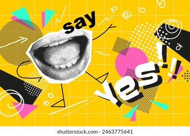 Concept, creative collage with lips say yes, advertisement ,poster , yellow background