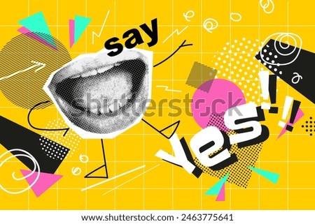Concept, creative collage with lips say yes, advertisement ,poster , yellow background