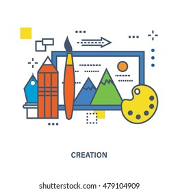 Concept of creative design and free creation. Color Line icons. Flat Vector illustration