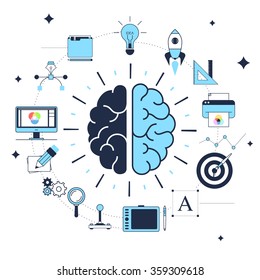 The concept of the creative design process, search, and successful problem solving, brainstorming, good idea, brain activity. Flat line vector design illustration icon set for your web banner