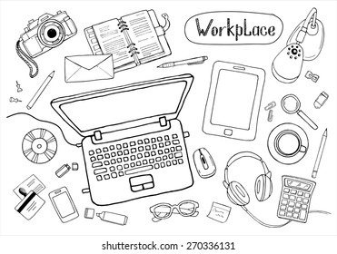 Concept Of Creative Hand Drawn Office Workspace. Items And Elements, Office Things, Objects And Equipment For Workplace Design. Vector Illustration Set Of Business Elements Top View. 