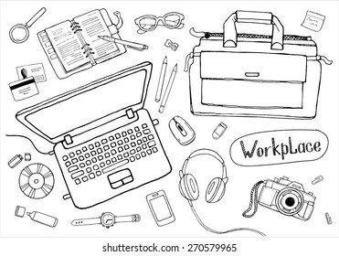 Concept of creative hand drawn office workspace. Items and elements, office things, objects and equipment for workplace design. Vector illustration set of business elements top view. 