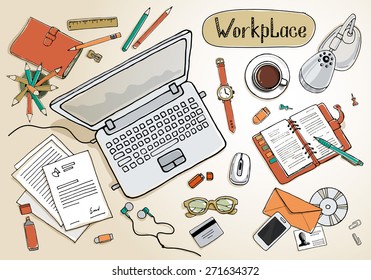 Concept of creative hand drawn office workspace. Items and elements, office things, objects and equipment for workplace design. Vector illustration set of business elements top view. 