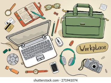 Concept of creative hand drawn office workspace. Items and elements, office things, objects and equipment for workplace design. Vector illustration set of business elements top view. 