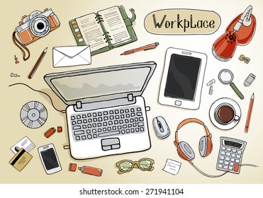 Concept of creative hand drawn office workspace. Items and elements, office things, objects and equipment for workplace design. Vector illustration set of business elements top view. 