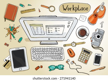 Concept of creative hand drawn office workspace. Items and elements, office things, objects and equipment for workplace design. Vector illustration set of business elements top view. 