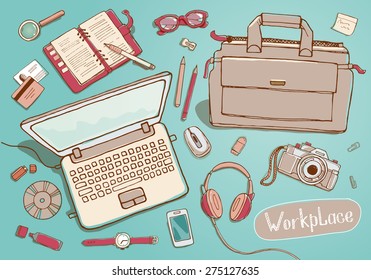 Concept of creative hand drawn office workspace. Items and elements, office things, objects and equipment for workplace design. Vector illustration set of business elements top view. 
