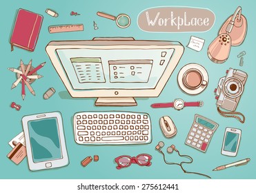 Concept of creative hand drawn office workspace. Items and elements, office things, objects and equipment for workplace design. Vector illustration set of business elements top view. 