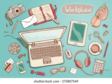 Concept of creative hand drawn office workspace. Items and elements, office things, objects and equipment for workplace design. Vector illustration set of business elements top view. 