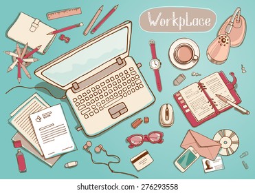 Concept of creative hand drawn office workspace. Items and elements, office things, objects and equipment for workplace design. Vector illustration set of business elements top view. 
