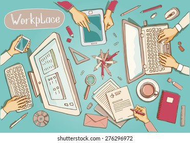 Concept Of Creative Hand Drawn Office Workspace. Items And Elements, Office Things, Objects And Equipment For Workplace Design. Vector Illustration Set Of Business Elements Top View. 