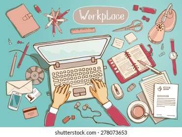 Concept Of Creative Hand Drawn Office Workspace. Items And Elements, Office Things, Objects And Equipment For Workplace Design. Vector Illustration Set Of Business Elements Top View. 