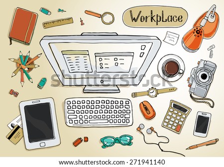 Concept of creative hand drawn office workspace. Items and elements, office things, objects and equipment for workplace design. Vector illustration set of business elements top view. 