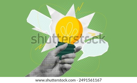 Concept of creative idea or brainstorm. Halftone hand shows bulb. Vector illustration with paper cut out elements. Business success, strategy concept. Retro poster or banner. Creative trend collage.
