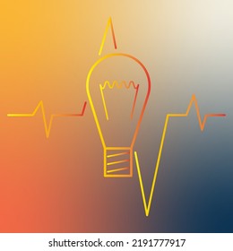 Concept of a creative idea in the form of a light bulb on the background of the heart rate pulse from the gradient.  Ideas, think outside the box, light bulb and pulse. Golden gradient on turquoise.