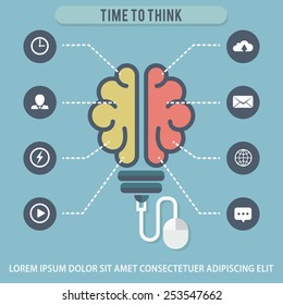 Concept of creative idea with the human brain. Round icons set of creative thinking, brainstorming marketing ideas, daily thoughts and lifestyle routine. Vector Illustration.