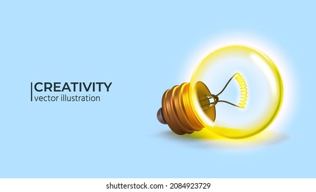 Concept creative idea and innovation with glowing light bulb on light blue background. Minimal concept idea. Realistic 3d design vector illustration