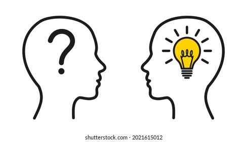 Concept creative idea and innovation, humans head silhouette, light bulb idea and question mark, brainstorming, therapist and patient - vector