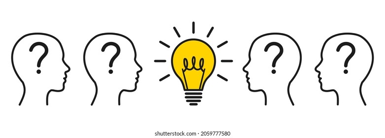 Concept creative idea and innovation, humans head silhouette, light bulb idea and question mark, brainstorming, therapist and patient - stock vector