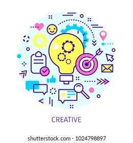 Concept of creative or idea. Light bulb with gears and icons in the style of line art. Flat design, line art vector illustration