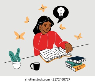 Concept of creative ideas, innovations. Young woman contemplates after reading books. Multicolored stack of literature, mug and plant. Brainstorming and inspiration. Cartoon flat vector illustration.