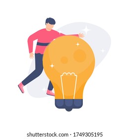 the concept of a creative, innovative, full of ideas, and smart. illustration of a man hovering near a light bulb. flat design. can be used for elements, landing pages, UI.