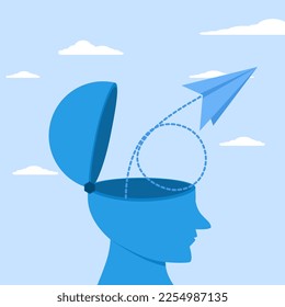 Concept Creative mindset, think for business problem concept solution, emotional intelligence or passion for success, human head with brain line as imagination to launch paper airplane to cloud