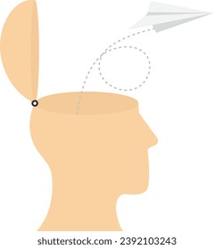 Konzeption kreative Denkweise, denken Sie an Business-Problem-Konzept-Lösung, emotionale Intelligenz oder Leidenschaft für Erfolg, menschlicher Kopf mit Gehirn-Linie als Vorstellungskraft, um Papier-Flugzeug zu Cloud

