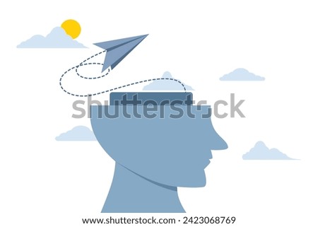 Concept of creative mindset, thinking of solutions to problems, emotional intelligence or passion for success, human head with brain lines as imagination to launch a paper plane into the clouds.