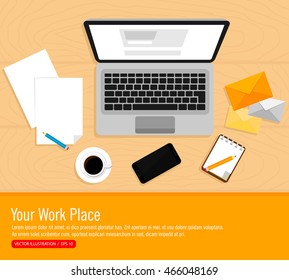 Concepto de espacio de trabajo de oficina creativo, vista superior. Diseño moderno de estilo plano con espacio para su texto.